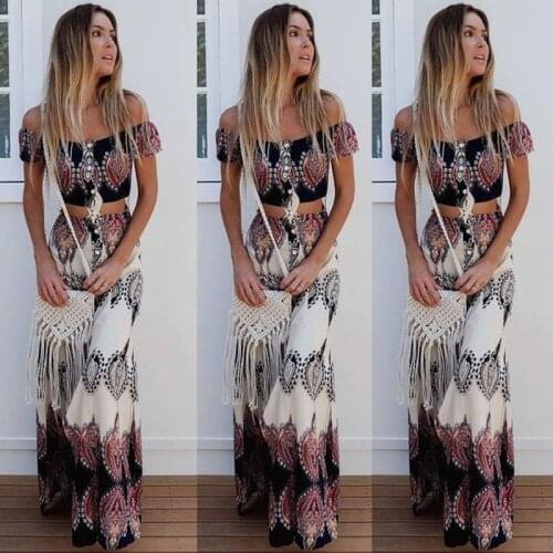 2021 Boho Print Summer Women Sexy Strapless Two Piece Set Slash Neck Short Sleeve Crop Tops&Long Skirts Beach Maxi Skirts Suit