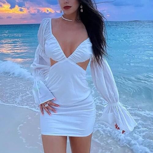Women Lantern Sleeves Deep V-neck Mini Dress For Summer 2021 Lady Tube Top Backless Sexy Party Dresses For Womens Cloth
