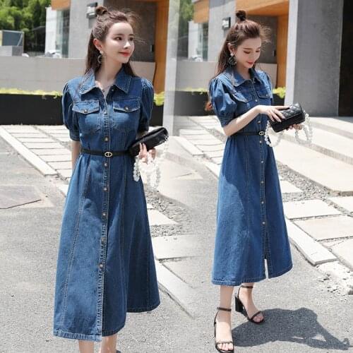 Summer Jean Dress for Ladies Vintage Aline Slim Waist Single Breasted Denim Dresses with Belt/Pockets Puff Sleeve Long Vestido