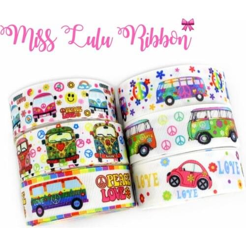 16mm-75mm Peace and Love Little Car Flower Printed Grosgrain/Foe Ribbon Cartoon Series DIY Hair Bowknots 50yards/roll
