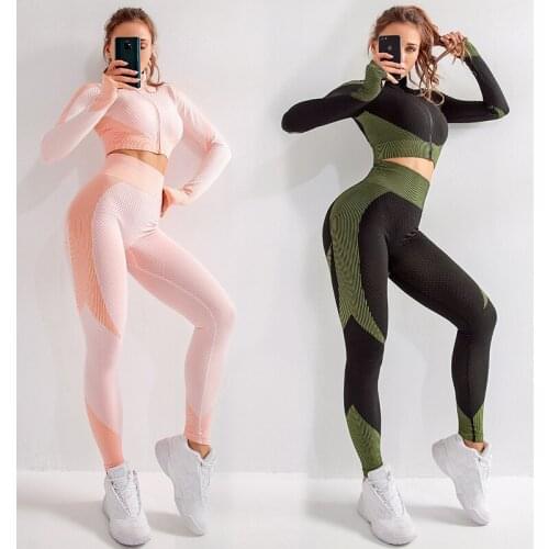3 Pcs Women Seamless Yoga Set Fitness Suit Gym Clothes Sports Bras Long Sleeve Shirts High Waist Running Leggings Workout Sets