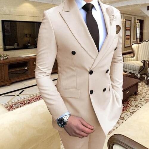 ANNIEBRITNEY 2019 Beige Mens Suit 2 Piece Slim Fit Formal Groom Tuxedos Wedding Suits for Men Evening Party Dress Male Blazer