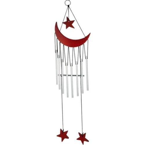 Wooden Moon and Star Red Wind Chimes Memorial Metal Tube Windchimes Hanging Decor with S Hook for Garden Handmade Gift W4532