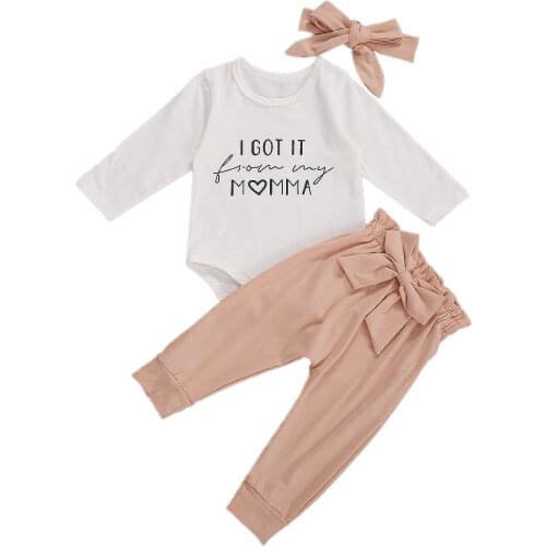 3 Piece Baby Suit Set Toddler Girls Letter Print Round Neck Long Sleeve Baby Romper Solid Trousers Headband Newborn Clothing