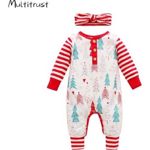 Baby Christmas Romper Long Sleeve Jumpsuit Fall Round Collar Tree Stripes Printed Crotch Buttons Loose Clothes
