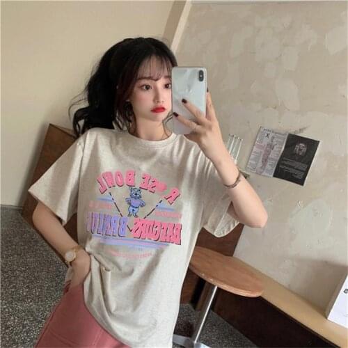 Female Korean Harajuku Cartoon Bear Letter Print Tshirt Womens T-shirts Tops Japanese Kawaii Ladies Ulzzang Clothes For Women