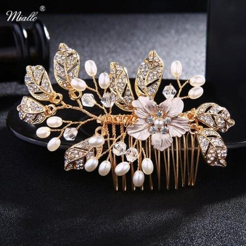 Miallo Newest Crystal Gold Flower Bridal Hair Combs Wedding Pearls Hair Jewelry Accessories Handmade Women Hairpieces Ornaments