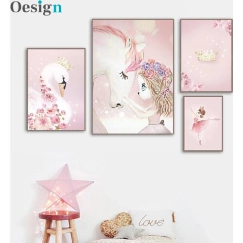 Cartoon Girl Unicorn Swan Horse Flower Crown Wall Art Canvas Painting Nordic Posters And Prints Wall Pictures Kids Room Decor