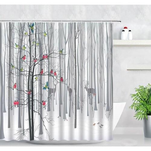 Forest Birds Elk Shower Curtains Set Trees Animal Deer Winter Scenery Simple Abstract Art Wall Decor Cloth Bathroom Curtain Hook