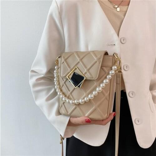 Fashion Ladies Luxury Cute Bucket Crossbody Bags 2021 Designer Shoulder Handbag Women PU Leather Pearl Chain Diamond Lattice Bag
