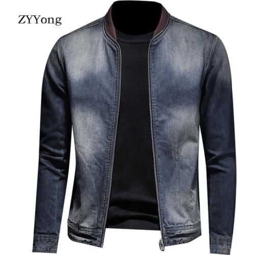 Spring European Style Stand Collar Colorblock Bomber Pilot Blue Denim Jacket Men Jean Coat Motorcycle Casual Clothing Overcoat