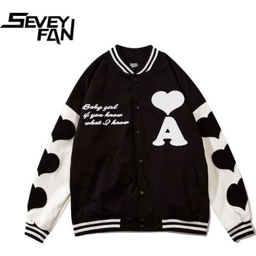 SEVEYFAN Mens Fashion Love Pattern PU Leather Patchwork Jackets Hip Hop Oversize Baseball Coat for Couples