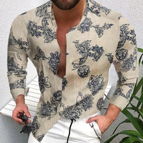 Mens Summer Large Size Fit Cardigan Top Casual Fashion Trend Art Floral Print Matching Lapel Shirt With Long Sleeves