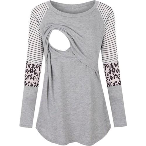 Prenatal Postnatal Maternity Women Nursing Tees Summer Women Lady Casual Leopard Striped Patchwork Clothes Pregnancy Mommy Tops