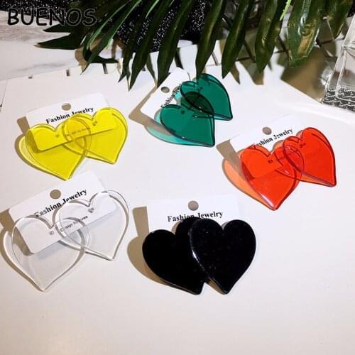 BUENOS Simple Heart Shape Earrings Female Red Green Yellow Transparent Acrylic Korean Stud Earrings for Women Brincos Jewelry