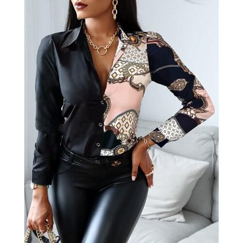 2021 Women Fashion Elegant Scarf Chain Print Button Design Shirt Long Sleeve Patchwork Spring Autumn Officewear Office Lady