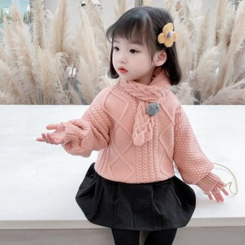 Girls Sweater Kids Babys Coat Outwear 2021 Send Scarf Plus Velvet Thicken Warm Winter Autumn Knitting Tops Pure Cotton Children