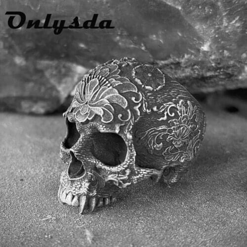 Unique Silver Color 316L Stainless Steel Heavy Sugar Skull Ring Mens Mandala Flower Santa Muerte Biker Jewelry