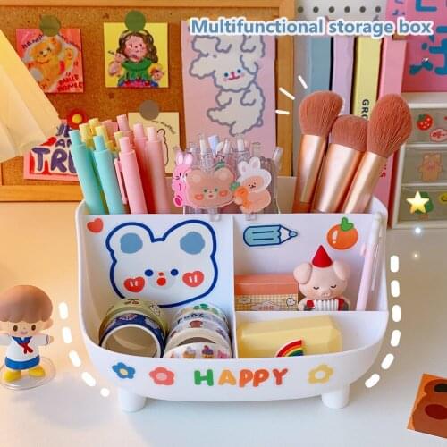 Yisuremia Kawaii Multifunctional Desktop Pen Stand Holder Desk Stationery Organizer Storage Box Pencil Case Free 1PC DIY Sticker
