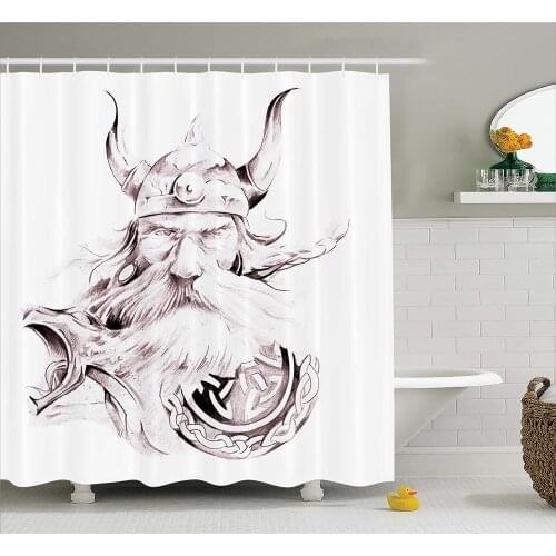 Tattoo Shower Curtain Wise Old and Brave Viking Warrior with his Long White Beard and Armour Print Bath Curtains For Bathroom