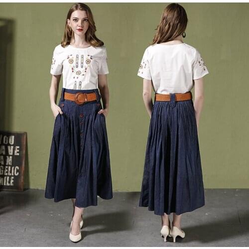 2020 Spring womens new skirt long pleated skirt high waist split denim skirt