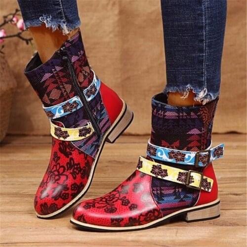 New Autumn Casual Ankle Western Chelsea Boots For Woman Retro Ethnic Style Splicing Genuine Leather Zipper Female Low Heel Boots