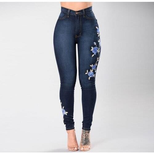 2021 Europe Style Women Blue Rose Embroidered Jeans Ladys Skinny Jeans Girls Slim Print Trousers Sexy Pencil Pants NQ905286