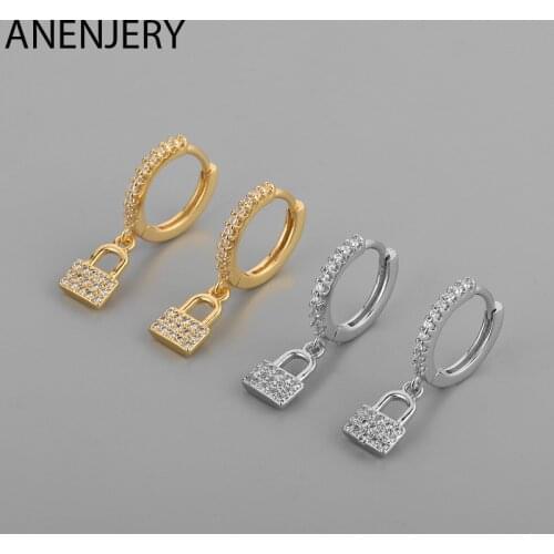 ANENJERY 925 Sterling Silver Micro-Inlaid Zircon Lock shape Pendant Hoop Earrings for Women Personality Party Jewelry S-E1447