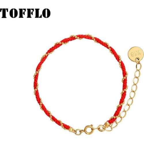 TOFFLO Stainless Steel Jewelry Lucky Red Line Bracelet Round Bead Chain Wrapped With Red Rope Woven Bracelet For Women BSE060