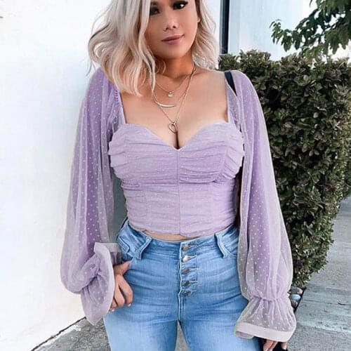 2021 Womens Wrapped Chest Long Sleeve Top New Sexy Fashion Chiffon Polka Dot Wrapped Chest Bare Short Chiffon Shirt Ladies Tops