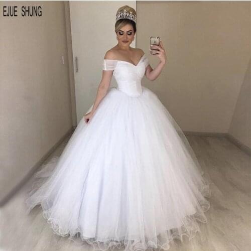 EJUE SHUNG Princess Ball Gown Wedding Dresses Off Shoulder V Neck Zipper Back Elegant White Wedding Gowns Vestido De Novia