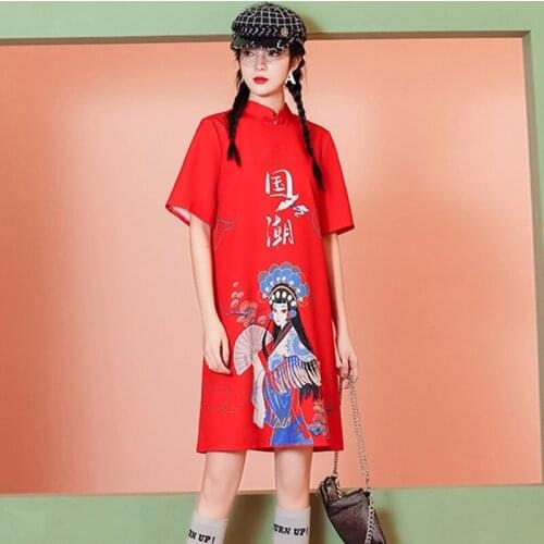 Chinese Style Character Printing Qipao Dress Summer Women Mandarin Collar Short Dress Vintage Loose Party Dress Vestidos 30974