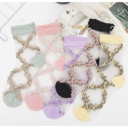 10 Pairs Of Batch Korean Version Thin Glass Stockings Sweet Socks Transparent Crystal Stockings Lace Medium Socks