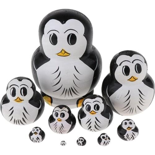 10pcs Cute Penguin Hand-painted Wooden Russia Nesting Dolls Gift Russian Nesting Wishing Dolls Matryoshka Traditional Crafts