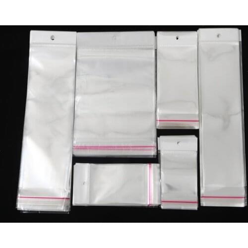 100pcs Transparent Self Adhesive Plastic Storage Bag OPP Poly Pack Bag With Hang Hole Retail Packaging Pouches Beads Jewelry Bag