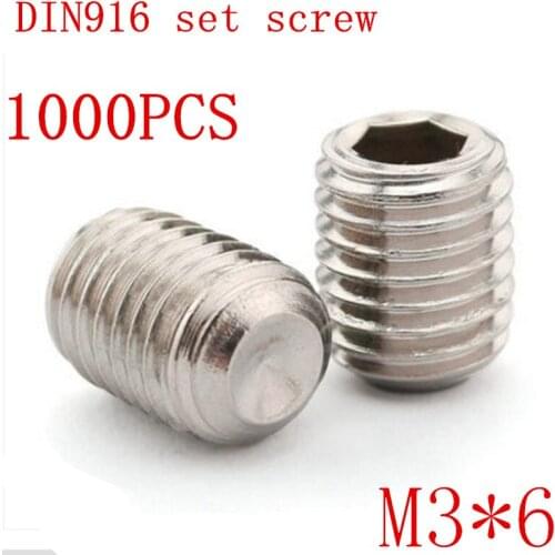 1000pc/set DIN916 m3*6 m3x6 3mm Stainless Steel Metric Thread Grub Screws Cup Point Hexagon Socket Set Screws Headless