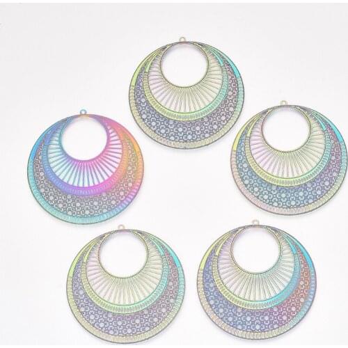50pcs 201 Stainless Steel Filigree Pendants Rainbow Flat Round Pendants for Necklace Making DIY Jewelry Accessories 49x47x0.2mm
