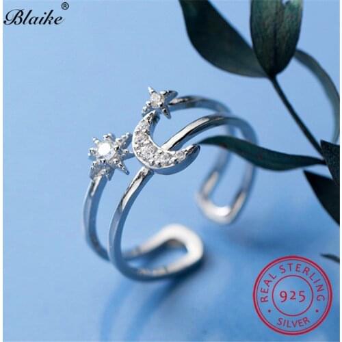 925 Sterling Silver Ring Cute Small Star Moon Rings For Women Open Wedding Bands Minimalist Promise Engagement Ring Fine Jewelry