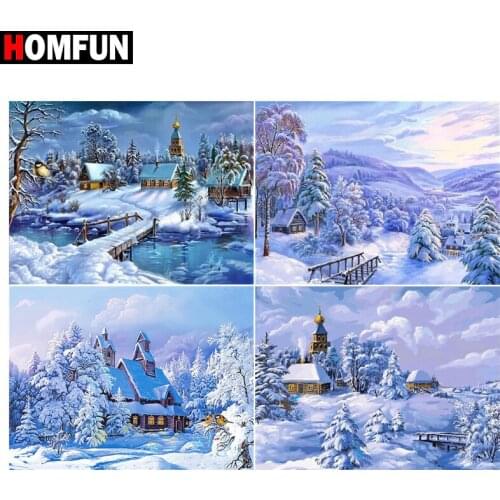 HOMFUN Diamond Painting Cross Stitch "House winter snow" 5D DIY Diamond Embroidery Full Square/round Rhinestone Of Picture