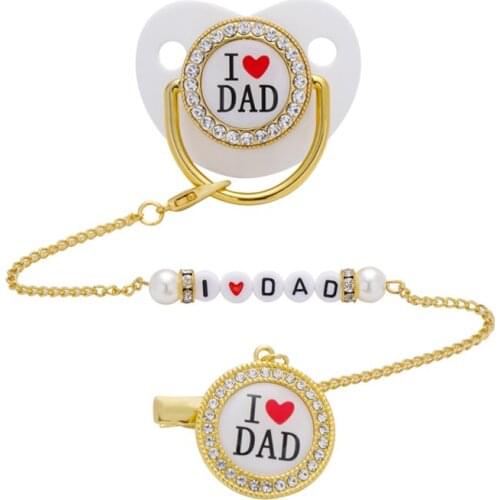 BLINGONLY Rhinestone Dummy Soother Bling Baby Pacifier With I Love Dad Chain Clip