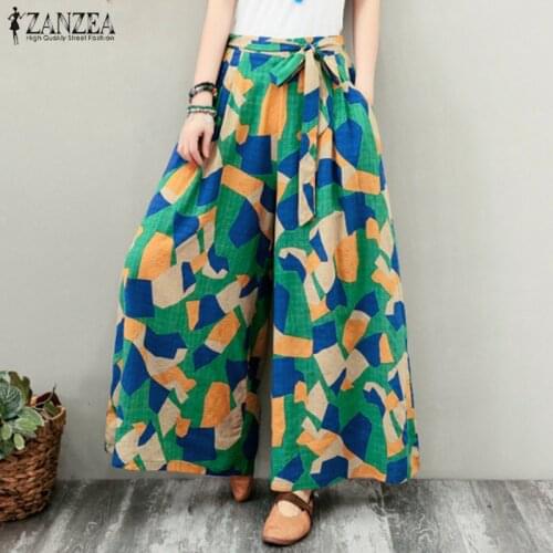 Stylish Printed Wide Leg Womens Geometric Trousers Pants 2021 ZANZEA Elastic Waist Long Pantalon Female Summer Turnip Oversized