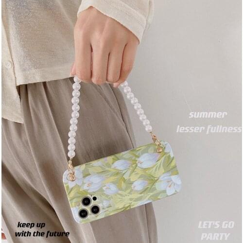 Tobebest Green Leaf Flower Bracelet Phone Cases for iphone 12 Pro Max 11 pro X XS Max XR 7 8 Plus Pearl Chain Soft Shell Cover