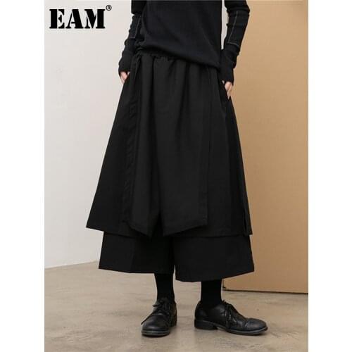 [EAM] High Elastic Waist Irregular Long Wide Leg Trousers New Loose Fit Pants Women Fashion Tide Autumn Winter 2021 1DD2490