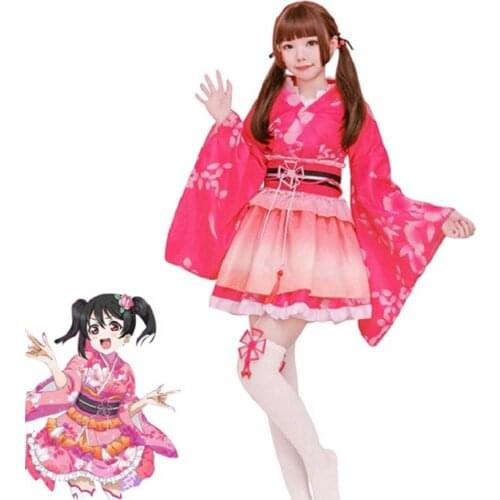 Anime Love Live Nico Yazawa Cosplay Costume black Wig Vintage Japanese Kimono women Yukata Dress Lovelive Festival Costumes