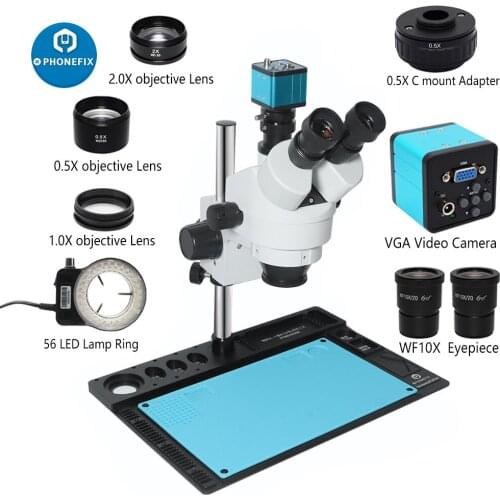 3.5X-90X Lab Industrial Microscope VGA 38MP Trinocular Stereo Microscope Camera 56 LED Ring Light For Phone PCB Soldering Repair