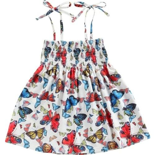 Fashion Girls Summer Dress Cute Floral Butterfly Print Sleeveless Self-Tie Strap Smocked Dress Infant Toddler Baby Girls Dresses