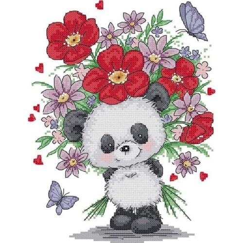 BMBY-Embroidery Starter Kits Stamped Cross Stitch Kits Beginners 11CT Embroidery Kit Panda Giving Flowers 13 X15.7(Inch)