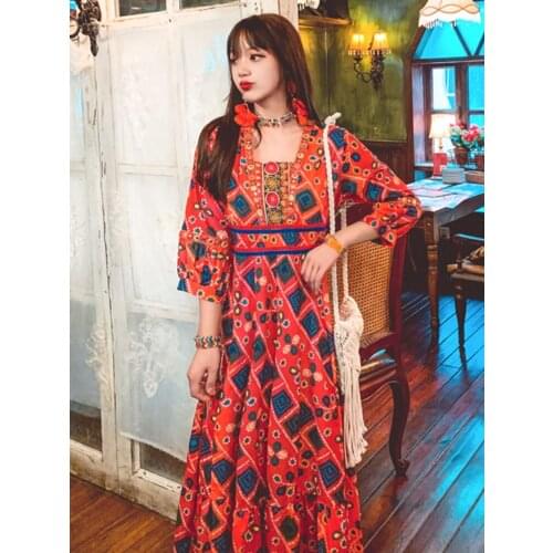 2021 Summer New Womens Bohemian Travel Vacation Beach Style Long Dress Ethnic Style Retro Nepalese Style Printed Dress