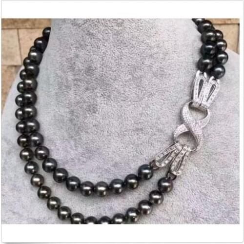2 rows 9-10mm tahitan black green pearl necklace 18"19" 925s