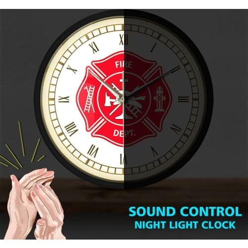 First Responder Fire Department Badge Logo Sound Activated Wall Clock with LED illumination Firefighter Maltese Cross Watch